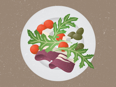 Plate arugula feta food illustration olives plate prosciutto rucola salad tomatoes vector