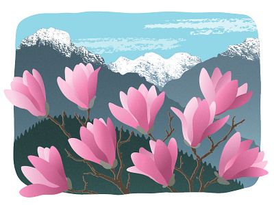 Spring view adobe flowers illustration illustrator landscape magnolia mountains plant vector