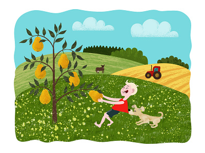 Pears adobe boy child dog farm illustration illustrator pear tractor tree vector