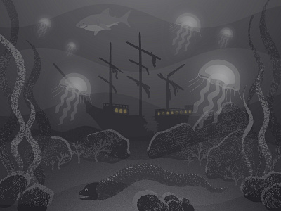 Underwater landscape adobe illustration illustrator jellyfish landscape murena shark shipwreck underwater vector