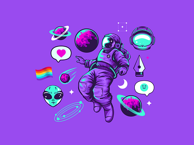 👩‍🚀 Designauta Stickers Illustration alien astronaut branding cute design illustration space sticker stickers vector