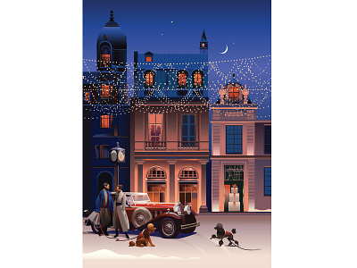 The winter fairytale adobeillustrator character city city illustration dog holiday illustration lovers night paris parisian retro retro car romantic shop show vector vectorgraphic wine winter