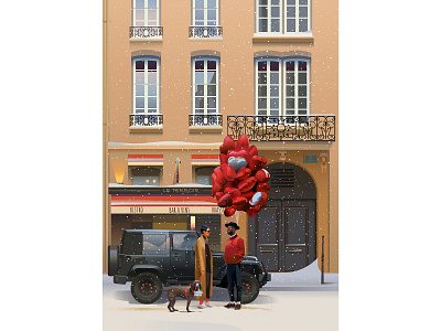 The poster for St. Valentine's Day adobeillustrator architecture baloons cafeteria character city illustration dog gift illustration love day lovers paris parisian poster retro st valentines vector winter