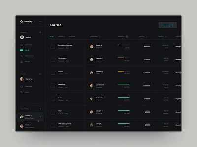 Card management service app cards clean design dark desktop finance fintech management minimal product saas spreadsheet table ui ux web