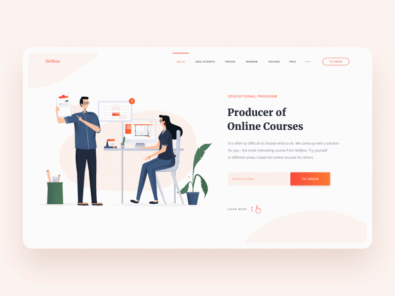 Promo Website for Online Course after effects animation animation book character design education figma flat illustration landing page layout main screen minimal online course preloader producer typography ui ux vector