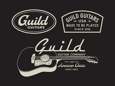 Guild Guitars "An American Classic" american apparel badge bolt branding design guild guitar guitars hand lettering illustration instrument lettering lightning bolt logo made in usa music script typography usa