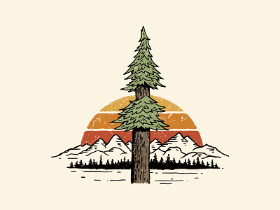 Redwood tree illustration for Woodline Apparel apparel branding california camp design drawing forest horizon illustration mountain outdoor pinetree redwood retro sunset tree vintage