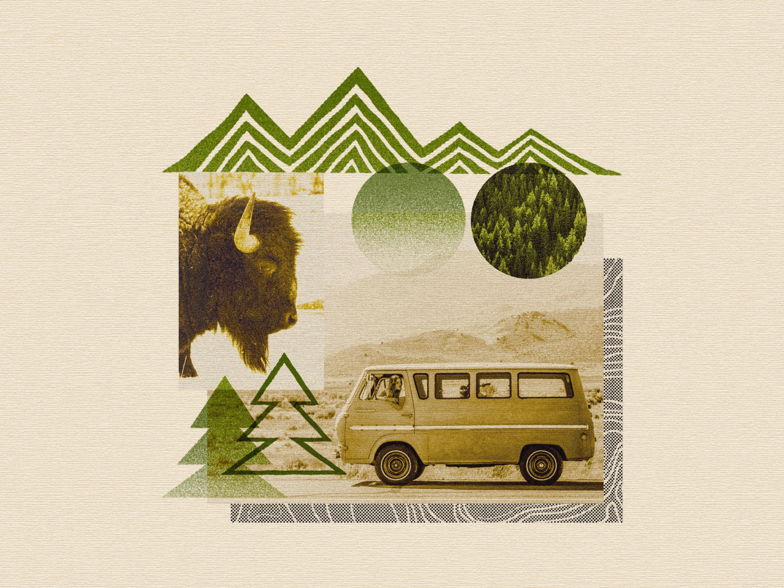 Road Trip Collage art buffalo camp collage explore forest illustration mountain outdoor photography pine tree topography van vintage