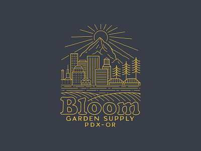 Bloom Garden Supply badge branding buildings cannabis city cityscape design logo mountain oregon outdoor pdx pine portland retro sun tee tee design trees typography