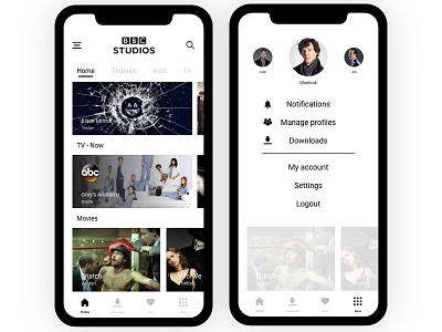 BBC Studios App black mobile ui ux