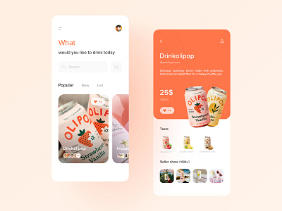 Drink APP app card design drink list orange shop sketch ui