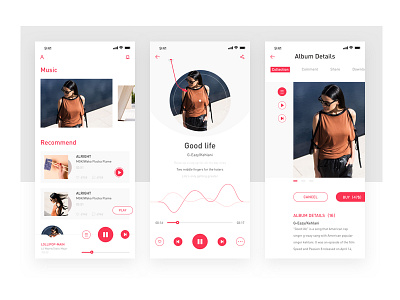Music player app clear ios line music player red sketch ui women