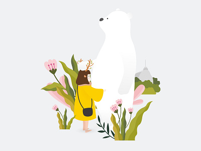 Girl and white bear bear girl springtime ui 宠物 插画