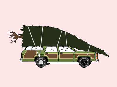 Griswold's Family Wagon with the Tree. car christmas digital illustration flat illustration vector
