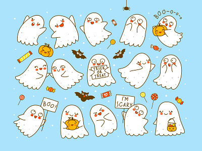 Set of cute little ghosts with pumpkins and bats