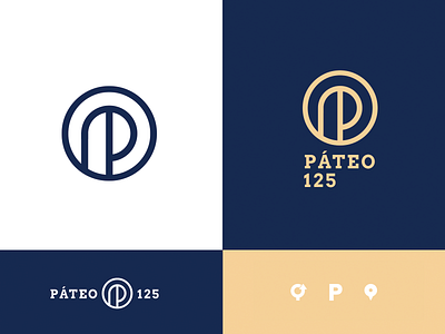 Páteo 125 proposal alphabet logo blue branding circle circle logo coworking gold letter p line logo location logo logotype mark modern p p logo p mark pin portugal roundabout