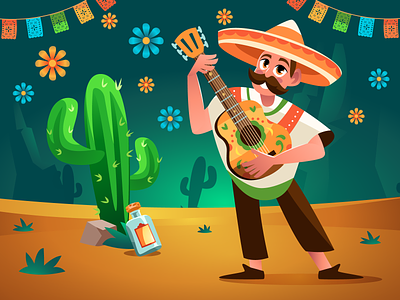 Cinco De Mayo cactus cinco de mayo desert flowers illustration mexico moustache poncho sombrero tequila
