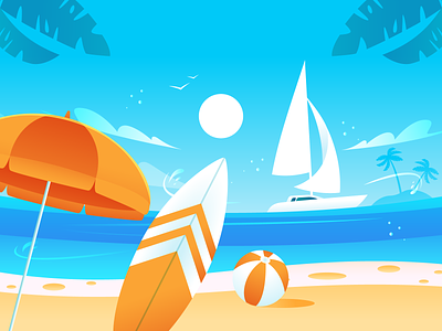 Summer is here! ☀️ ball beach beach umbrella blue board boat clouds island orange palm tree sand splash summer sunglasses surf water yacht