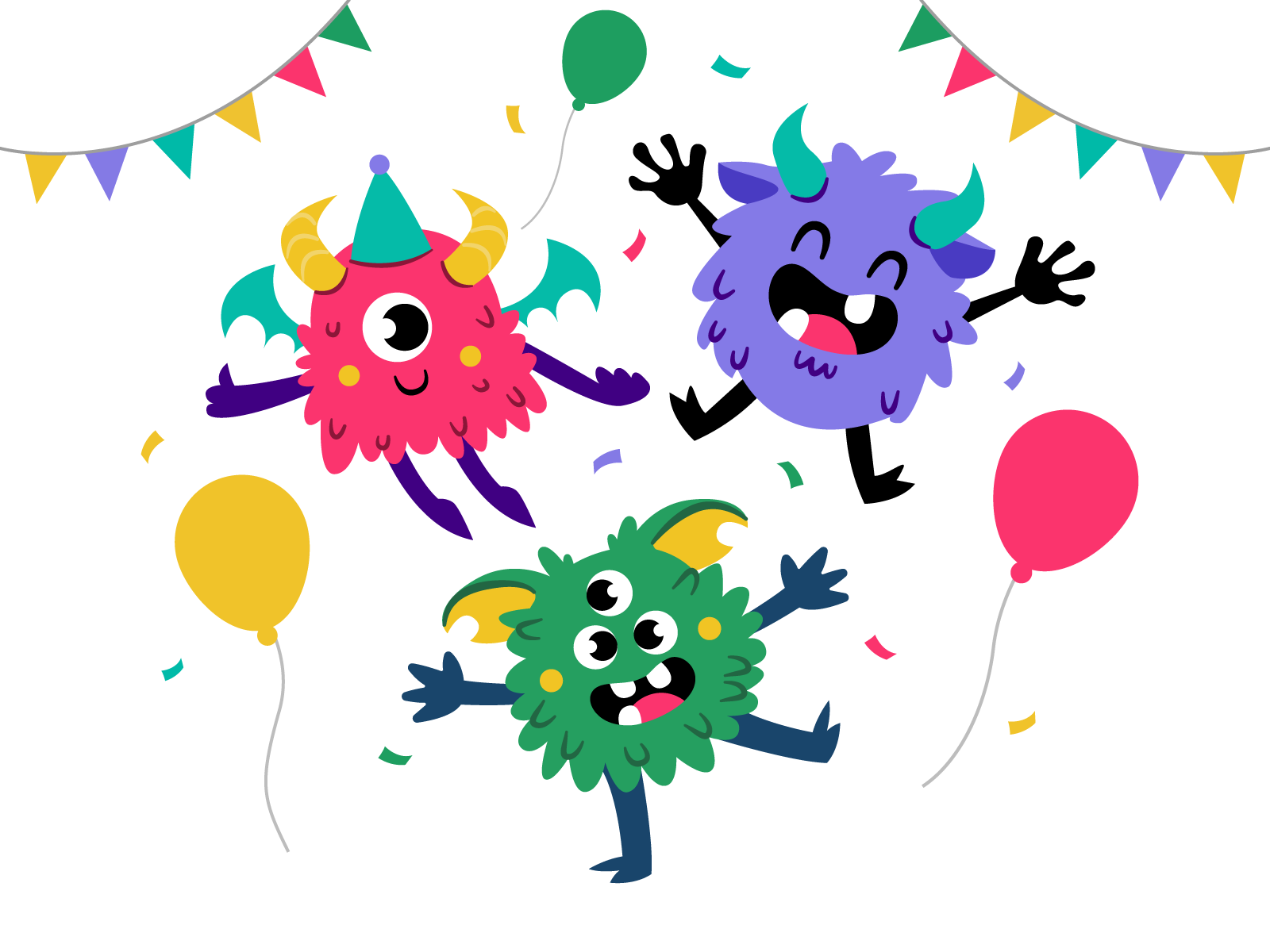 Little Party Monsters big eyes blue cartoon character design cute download free freepik green illustration illustrator invitation mascot monsters red template vector