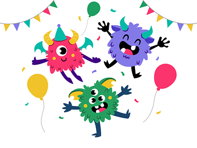 Little Party Monsters big eyes blue cartoon character design cute download free freepik green illustration illustrator invitation mascot monsters red template vector