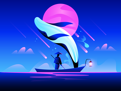 Dreams 🌕 asian boat blue boat dreams falling star fishing freepik illustration jumping night ocean pink planet rowing boat space water whale