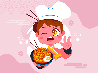 Korean Chef 🇰🇷 anime chef chibi chopsticks food freepik girl illustration illustrator kid korean logo mascot pink restaurant star style tteokbokki vector yellow eyes