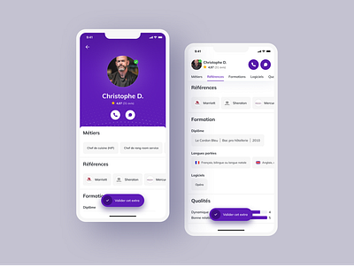 User profile application horizontal scroll presentation product design profile purple tag ui