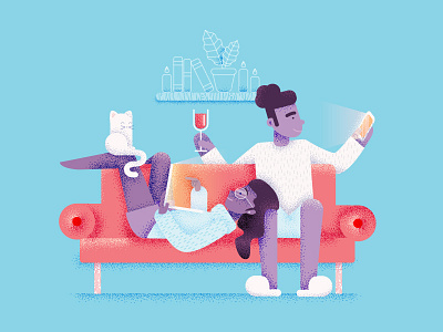 Wine & Chill cat chill comfort cosy couple home illustration laptop line phone sofa wine