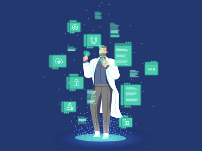 Tech-y web header banner beard branding character design doctor hero illustration landing scientist screens web web header