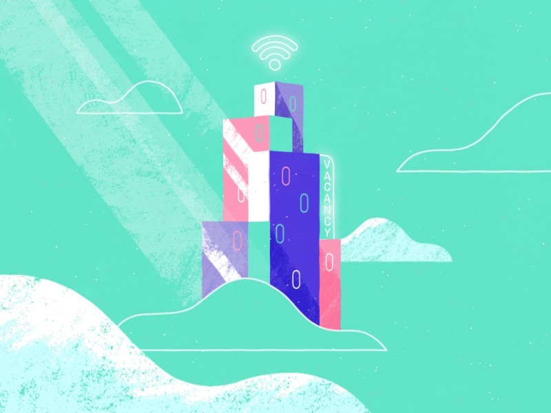 City of web hosts in the cloud 2d animation host city motel hotel vacancy website connection wifi building hosting web cloud playoff animation illustration