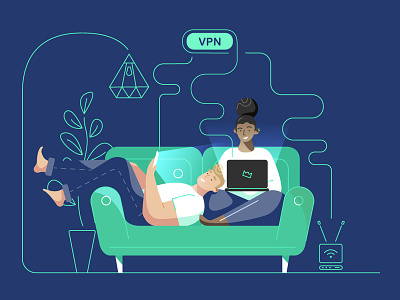 Cozy Time character design computer connection couch couple cyber cybersecurity home illustration internet lamp laptop light phone plant safety security sofa vpn