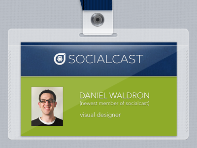 Socialcast Badge announcement badge blue card green job socialcast