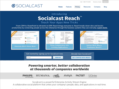 Socialcast Homepage blue grey header home homepage nav page socialcast white