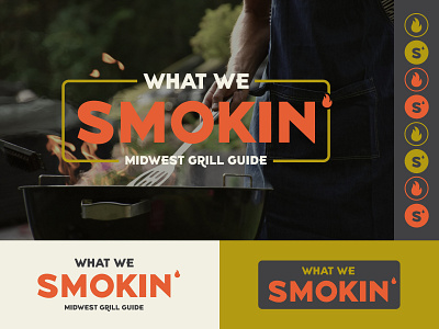 WHAT WE SMOKIN' LOGO DEVELOPMENT branding charcoal design grill grill logo grilling illustration logo logo design logodesign meat midwest outdoors red typography vlog vlogger yellow youtube