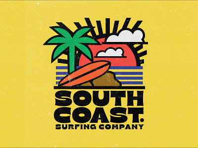 South Coast Surfing Co. badge badge logo beach branding coconut logo design illustration line art logo logodesign minimal outdoor design retro design sunrise surfboard surfing design surfing logo surfing tshirt thick lines vector