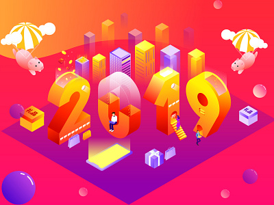 2019 Happy New Year 2.5d design illustration isometric new year 2019