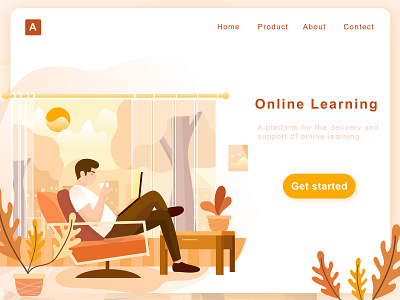 Online learning 2d character design flat flower illustration leisure man online course online school plant study tea tree