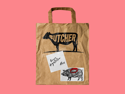 Butcher 🥩 bag branding butcher butchery creation design food illustration logo meat packaging typography