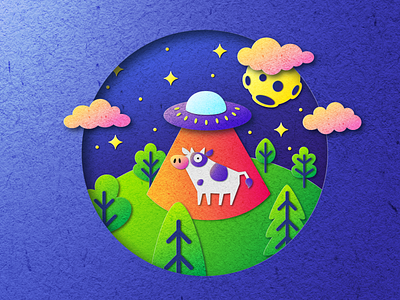 This Cow is Too Big for Aliens abduction aliens amadine animal character cloud cow design grass illustration nature paper sky space spaceship stars texture tree vector violet