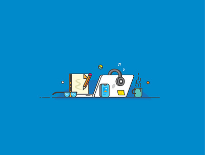 Designer's toolkit book coffee cup dribbble icon illustration illustrator laptop muzli specs vector