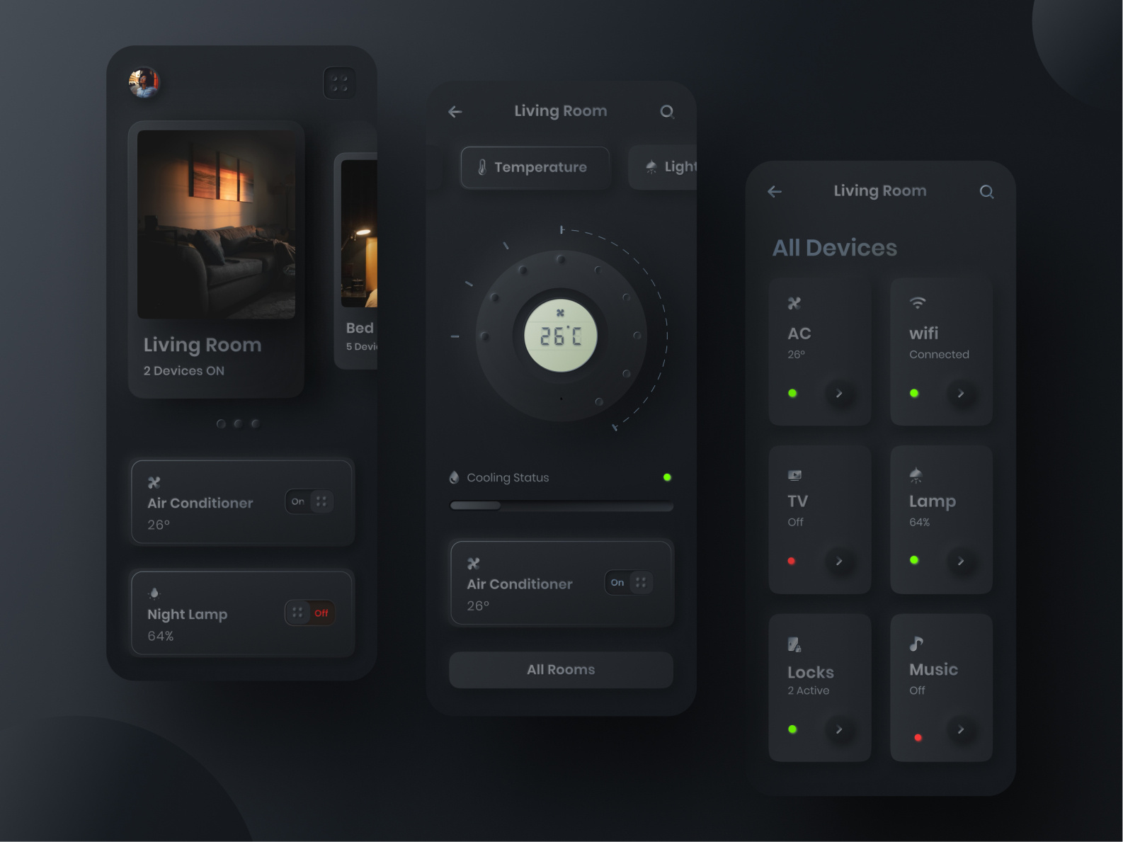 Skeuomorphic styled home control app UI - Dark version by Pavan on Dribbble