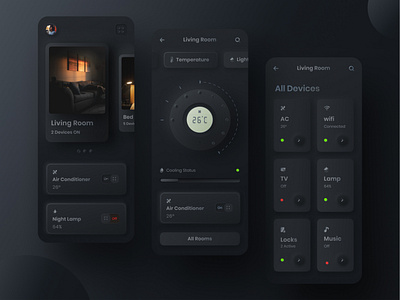 Skeuomorphic styled home control app UI - Dark version air conditioner app ui controller decor design dribbble fan home home control livingroom muzli skeuomorph skeuomorphic skeuomorphism temperature tv app ui uidesign uiux