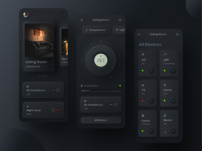 Skeuomorphic styled home control app UI - Dark version