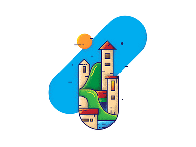 City, mountains and river 🌅 buildings city dribbble illustration mountains muzli nature river usemuzli vector