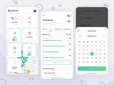 LED Grow Light App Screens app calendar datepicker fruits grow report illustration lamp led plant plant grow ui ui ux ui design uidesign uiux user interface vegerables