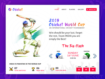 Cricket World Cup Web UI Design branding cricket design india match photoshop responsive design ui ui ux uiuxdesign userinterface ux web win india world cup world series worldcup