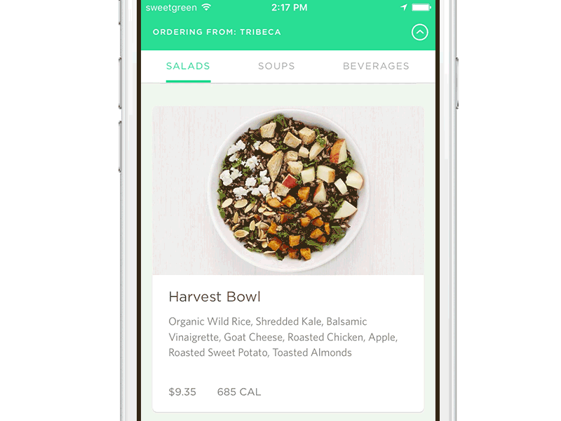 sweetgreen menu to product transition ios menu salad transition