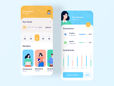 Split Payment App app app design avatars banking cards flat icon iconspace illustration inspiration mobile app profile trend 2019 ui ux walletapp