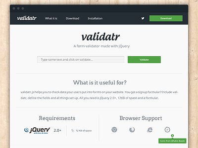 [WIP] validatr.js project homepage browser download homepage javascript jquery validator web web design