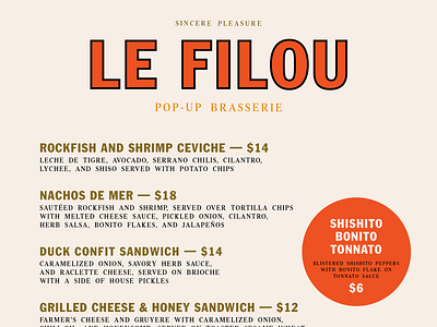 Le Filou – August 25 Menu branding graphic design le filou menu menu design pop up restaurant typography